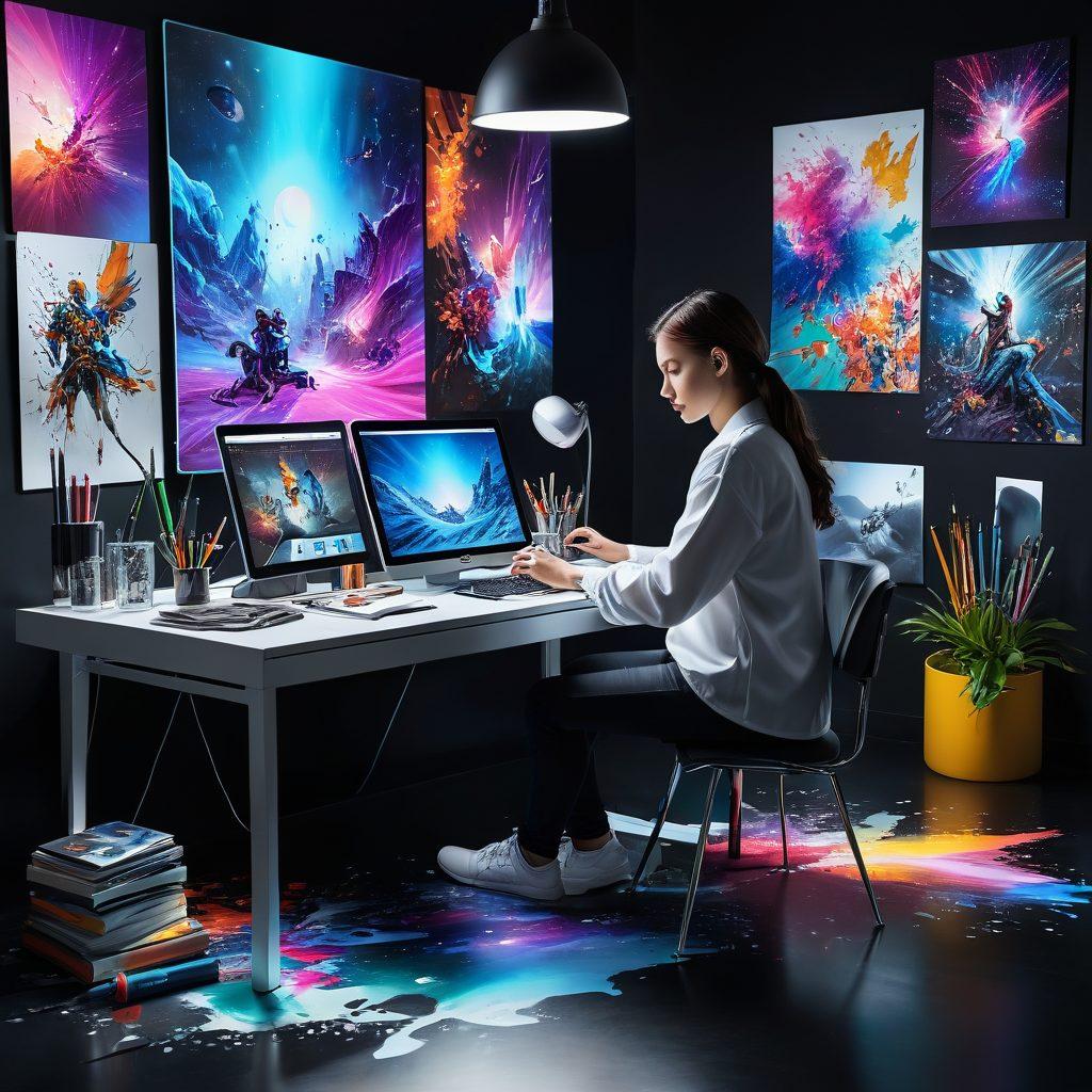 A visually captivating scene of a digital artist at work, surrounded by floating digital artifacts and holographic images representing a diverse collection of art. In the background, a vibrant color palette and tools of the trade like a stylus and tablet are artistically placed. The atmosphere is inspiring and creative, showcasing a blend of technology and artistry. super-realistic. vibrant colors. 3D.