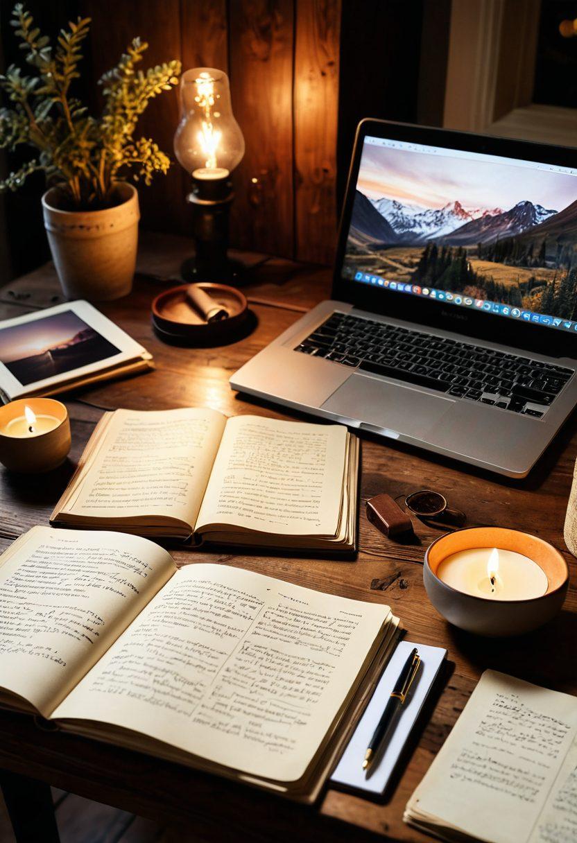 A beautifully crafted digital journal open on a wooden desk, surrounded by vintage photos and handwritten notes, with a warm, glowing light illuminating the pages. In the background, a modern laptop displaying curated online content, symbolizing the fusion of traditional journaling and digital archiving. Soft, inviting colors create an atmosphere of nostalgia and creativity. painting. warm tones. soft focus.