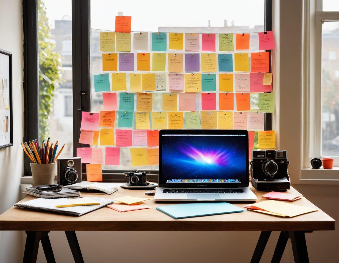 A modern workspace showcasing a digital archiving setup with a sleek laptop, colorful sticky notes, and a vintage camera on the side. The background features a wall filled with pinned memories and digital art, representing effective blogging and memory preservation. Sunlight streaming through a window adds warmth and inspiration. super-realistic. vibrant colors. clean, minimalistic design.